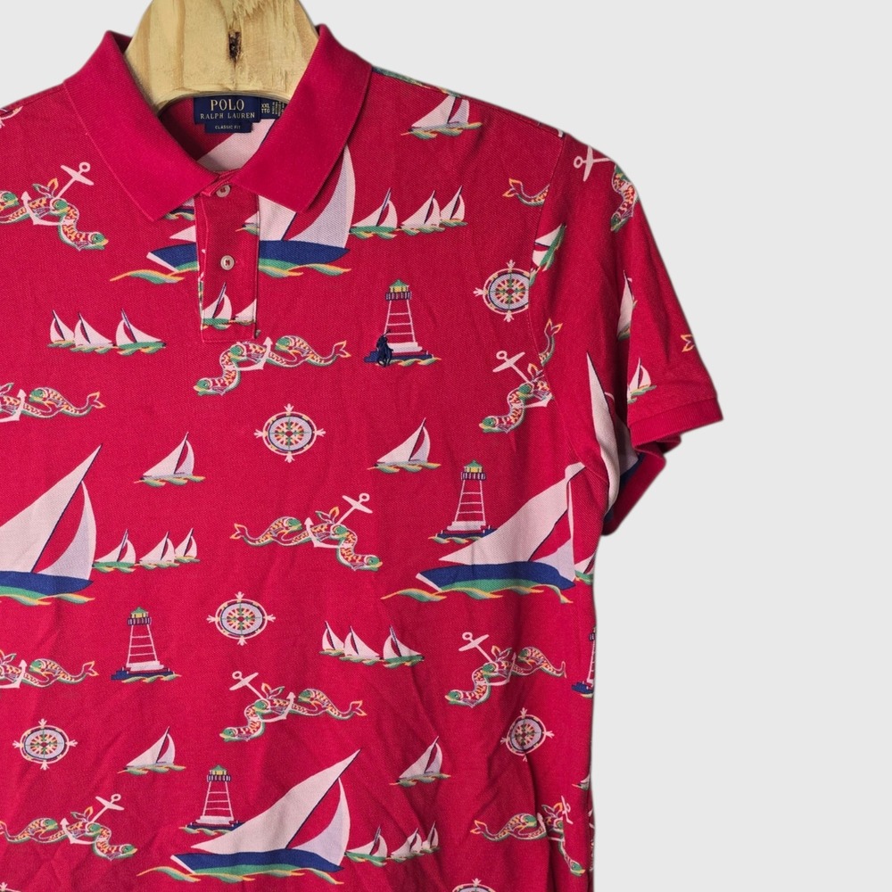 Polo Ralph Lauren Mens XXL Classic Fit Red Nautical Sailboat Lighthouse Polo